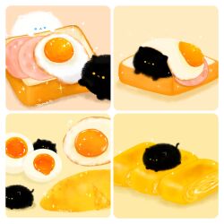 animal black_cat blue_eyes bread bread_slice cat food fried_egg ham highres lying no_humans omelet on_food original tamagom5m5 white_cat yellow_eyes 
