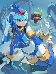  1boy 1girl absurdres armor black_eyes blonde_hair blue_armor blue_eyes blue_helmet chibi energy_sword fairy_leviathan_(mega_man) fins forehead_jewel full_body head_fins helmet highres holding holding_polearm holding_sword holding_weapon long_hair mega_man_(series) mega_man_zero_(series) omochi_(mochi_skymega) polearm red_armor red_helmet solo_focus spear sword weapon z_saber zero(z)_(mega_man) zero_(mega_man) 