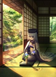  1girl architecture asagi_futsuka black_eyes black_hair black_hat black_kimono blunt_bangs cape chajinbou east_asian_architecture facing_viewer fate/grand_order fate_(series) fence flower flower_knot full_body garden gardening_shears gradient_hair grey_cape grey_hair hat highres japanese_clothes kimono light_smile long_sleeves looking_at_object looking_down medium_hair morning_glory multicolored_hair obi obijime purple_flower right-over-left_kimono rock_garden sash seiza sen_no_rikyu_(fate) sen_no_rikyu_(second_ascension)_(fate) shouji sitting sliding_doors solo stone_lantern sunlight tassel tatami tree vase white_hair wide_sleeves wooden_ceiling wooden_fence 