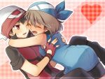  ass bandanna bare_shoulders black_hair blush brown_hair closed_eyes eyes_closed fangs fingerless_gloves glomp gloves hat heart hug mokorei odamaki_sapphire open_mouth pokemon pokemon_special red_eyes ruby_(pokemon) 