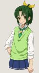  green_eyes green_hair grey_background hand_on_hip hips kurage midorikawa_nao no_legs ponytail precure school_uniform short_hair skirt sleeves_rolled_up smile smile_precure! solo sweater_vest vest 