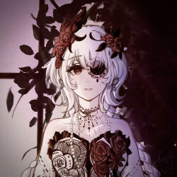  1girl aethermylove bare_shoulders bead_necklace beads black_choker braid brooch bush butterfly_earrings chinese_commentary choker closed_mouth commentary_request dark dress earrings empty_eyes expressionless eyelashes eyepatch facial_tattoo film_grain floral_print flower flower_brooch frilled_dress frills hair_flower hair_ornament infinity_nikki jewelry lace lace_choker light_frown lips long_hair low_twin_braids necklace nikki_(series) outdoors pink_lips red_eyes red_flower red_rose rose solo strapless strapless_dress stylist_(nikki) sunset tattoo teardrop_tattoo twin_braids upper_body very_long_hair white_dress white_hair window 