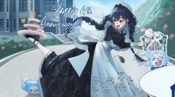  1girl absurdres anniversary apron black_dress black_hair blue_eyes building bush cake cake_slice chair cookie cup day dress eipanguino english_commentary food hair_intakes hair_ribbon hat highres holding holding_saucer holding_teapot hololive hololive_english kronie_(ouro_kronii) long_hair low_twintails maid maid_apron mansion mary_janes mob_cap official_alternate_costume official_alternate_hairstyle ouro_kronii ouro_kronii_(maid) outdoors pantyhose pocket_watch ribbon saucer shoes sitting spilling standing standing_on_one_leg strawberry_shortcake table teacup teapot tiered_tray twintails virtual_youtuber watch white_apron white_pantyhose white_ribbon 