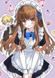  1boy 1girl alternate_costume apron black_dress black_jacket blonde_hair blush brown_eyes brown_hair closed_eyes closed_mouth dress enmaided fate/extra fate/extra_ccc fate_(series) gilgamesh_(fate) gilgamesh_(immoral_biker_jacket)_(fate) highres jacket kishinami_hakuno_(female) long_hair maid maid_apron maid_headdress open_clothes open_jacket open_mouth puffy_short_sleeves puffy_sleeves shirt short_hair short_sleeves sweat syst098 teeth upper_teeth_only white_apron white_shirt 