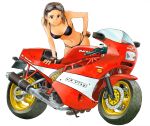  absurdres bare_shoulders bikini black_bikini breasts cleavage ducati earrings engine exhaust fingerless_gloves gloves goggles goggles_on_head hand_on_hip high_heels highres isomoto_tsuyoshi jewelry leaning_forward looking_at_viewer motor_vehicle motorcycle original shoes simple_background smile solo swimsuit vehicle white_background 