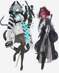  ! 2girls absurdres arknights between_breasts bird_girl black_capelet black_dress breasts capelet coat dark-skinned_female dark_skin dress feathered_wings fingerless_gloves gloves gracebearer_(arknights) grey_hair hair_between_eyes hair_over_one_eye hammer head_wings highres ho'olheyak_(arknights) holding holding_hammer holding_staff long_hair long_sleeves long_tail multicolored_coat multiple_girls odmised open_clothes pantyhose red_hair simple_background smile snake_tail spoken_exclamation_mark staff strap_between_breasts tail two-tone_coat two-tone_wings very_long_tail white_dress white_gloves wings 