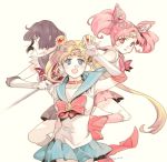  3girls arm_up bishoujo_senshi_sailor_moon black_hair blonde_hair blue_eyes boots bow chibi_usa child choker dated double_bun elbow_gloves gloves hair_ornament hairpin long_hair magical_girl multiple_girls pink_hair pleated_skirt red_eyes ribbon sailor_chibi_moon sailor_collar sailor_moon sailor_saturn sailor_senshi serious short_hair skirt smile tiara tomoe_hotaru tsukino_usagi twintails verin white_background 