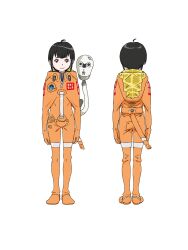  2girls ahoge anime_coloring back black_hair brown_eyes chikyuugai_shounen_shoujo child closed_mouth drone from_behind full_body highres jumpsuit long_sleeves looking_at_viewer multiple_girls multiple_views nanase_konoha official_art orange_jumpsuit robot short_hair sidelocks simple_background smile spacesuit standing transparent_background yoshida_ken&#039;ichi 