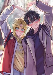 1boy 1girl absurdres alternate_costume artoria_pendragon_(fate) black_hair blonde_hair blue_eyes blush chaldea_logo character_charm charm_(object) closed_mouth commentary couple fate/grand_order fate_(series) fujimaru_ritsuka_(male) green_eyes grey_jacket heart heart_hands heart_hands_duo hetero highres indoors jacket looking_at_viewer mordred_(fate) ponytail red_jacket saber_(fate) short_hair smile wwkp_(akisenpai9999) 