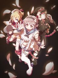  3girls 7753 absurdres black_background blonde_hair blue_bow blue_bowtie boro_(tn-boro) bow bowtie falling_petals flower_ornament hair_ornament highres magical_girl mahou_shoujo_ikusei_keikaku multiple_girls pechika_(mahoiku) petals sailor_collar school_uniform short_hair snow_white_(mahoiku) thigh-highs white_thighhighs 