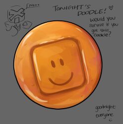  absurdres character-themed_food chibi chibi_inset dalgona english_text food_focus from_above grey_background highres himochuu painterly roblox simple_background smiley_face 