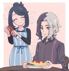  1boy 1girl amethio_(pokemon) apron black_hair black_shirt blue_apron bottle bright_pupils closed_eyes closed_mouth collarbone collared_shirt commentary_request flower_symbol food hair_ornament hairclip holding holding_bottle ketchup_bottle light_blush liko_(pokemon) nm222 omelet omurice open_mouth pokemon pokemon_(anime) pokemon_horizons shirt sitting smile striped_apron striped_clothes swept_bangs table tomato vertical-striped_apron vertical-striped_clothes violet_eyes watermark 