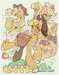 animal animal_focus apple apple_bloom applejack baby_animal basket blonde_hair closed_eyes cowboy_hat foal food freckles fruit green_hair hashtag-only_commentary hat highres hooves horse long_hair looking_down low-tied_long_hair multiple_views my_little_pony my_little_pony:_friendship_is_magic no_humans pony_(animal) siblings sisters yanyannonoz 