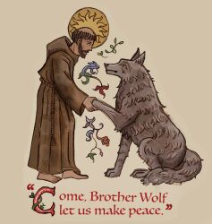  1boy absurdres brown_facial_hair brown_hair brown_robe christian_mythology christianity english_text facial_hair flower halo halo_behind_head handshake highres long_sleeves luxangelae monk robe rope_belt saint_francis_of_assisi smile tonsure wolf 
