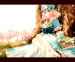  absurdres breasts cherry_blossoms clog_sandals ghost grass hat highres hitodama japanese_clothes obi petals pink_hair red_eyes ribbon saigyouji_yuyuko short_hair sitting smile solo touhou tree triangular_headpiece 