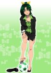  adult ball bare_legs barefoot belted belted_dress bow clasped_dress constrained_dress cramped_dress feet formal girded_dress gorou_(pixiv3249935) gradient gradient_background green_background green_eyes green_hair green_shirt hair_ribbon hand_on_thigh highres jacket jammed_dress leg_lift looking_at_viewer midorikawa_nao office_lady peke_(pixiv1607147) pinched_dress ponytail precure pressed_dress ribbon ribboned_dress shirt side_slit single_shoe skirt skirt_suit slinky_dress smile_precure! snug_dress soccer soccer_ball solo standing suit tight_dress yellow_ribbon 