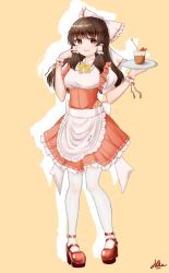  1girl 2091966 :d absurdres alternate_costume apron boots bow bowtie breasts brown_eyes brown_hair commentary_request corset drop_shadow enmaided eyelashes finger_to_face food food_request frilled_bow frilled_hair_tubes frilled_skirt frills hair_bow hair_tubes hakurei_reimu hands_up high_heel_boots high_heels highres holding holding_food holding_tray long_hair looking_at_viewer maid miniskirt pantyhose puffy_short_sleeves puffy_sleeves red_boots red_corset red_skirt red_wrist_cuffs shirt short_sleeves signature simple_background skirt skirt_set small_breasts smile solo teeth touhou translation_request tray two-tone_wrist_cuffs upper_teeth_only waist_apron white_apron white_bow white_pantyhose white_shirt white_wrist_cuffs wrist_cuffs yellow_background yellow_bow yellow_bowtie 