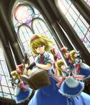  alice_margatroid apron arms_up black_gloves blonde_hair blue_dress blue_eyes book bow capelet clearfile clone dress fingerless_gloves floating gears gloves grimoire hair_bow hairband jewelry lance long_hair looking_at_viewer polearm ring sash shanghai shanghai_doll short_hair solo stained_glass touhou weapon 