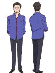 2boys anime_coloring arm_behind_back back beard black_hair black_shoes blue_shirt chikyuugai_shounen_shoujo closed_mouth collared_shirt crossed_arms dress_shoes facial_hair from_behind full_body grey_eyes grey_pants highres long_sleeves looking_at_viewer mature_male multiple_boys multiple_views official_art pants sagami_(chikyuugai) shirt shoes short_hair simple_background sleeves_rolled_up standing transparent_background untucked_shirt yoshida_ken&#039;ichi 