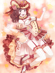  1girl asymmetrical_dress bare_shoulders bow brown_eyes brown_hair buttons center_frills commentary daisy_(flower) detached_sleeves dress earrings eyelashes flower frilled_anklet frilled_dress frilled_headwear frilled_sleeves frills full_body hair_flower hair_ornament happy hat hat_bow hat_flower high_heels highres hino_(8) jewelry jumping light_blush long_dress long_hair miracle_nikki neck_ruff nikki_(series) olivia&#039;s_dance_(miracle_nikki) open_mouth pink_flower pink_rose puffy_short_sleeves puffy_sleeves red_background red_bow red_shoes ribbed_thighhighs rose shoes short_sleeves signature smile solo star_(symbol) strapless strapless_dress striped_clothes striped_thighhighs tareme teeth thigh-highs vertical-striped_clothes vertical-striped_sleeves vertical-striped_thighhighs white_thighhighs wide-eyed yellow_dress yellow_flower yellow_hat yellow_sleeves 