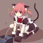  1girl animal_ears cat_ears cat_paws cat_tail gloves hair_bobbles hair_ornament jack-in-the-box kneeling maid nekomo original paw_gloves paws pink_eyes pink_hair solo tail thigh-highs thighhighs twintails 