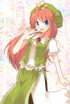  2012 :d blue_eyes bow braid finger_to_mouth hair_bow hat highres hong_meiling koza long_hair open_mouth red_hair redhead side_slit single_braid smile solo star touhou 