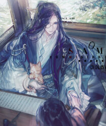  1boy 1girl animal black_hair blood blood_on_clothes blood_writing blue_coat blue_eyes blue_sash bridal_gauntlets brush_rest calligraphy_brush cat chinese_clothes chinese_commentary clarence_clayden coat commission curtained_hair daxiushan facing_away hair_ornament hair_stick half_updo hand_on_another&#039;s_hand hanfu heroine_(lovebrush_chronicles) highres holding holding_animal holding_cat light_smile long_hair long_sleeves looking_at_another lovebrush_chronicles male_focus mandarin_collar mole mole_under_eye monocle on_floor paintbrush parted_lips pink_hanfu pink_robe pleated_sleeves purple_hair robe sample_watermark sash scroll sinko123 sitting table tree upper_body very_long_hair water watermark white_bridal_gauntlets white_hanfu white_robe wide_sleeves window 