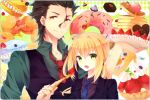  1girl ahoge ajuvyrvosjfj black_hair blonde_hair doughnut fate/zero fate_(series) food fork formal fruit green_eyes lancer_(fate/zero) long_hair mole necktie pancake ponytail saber strawberry suit sweets vest waistcoat yellow_eyes 