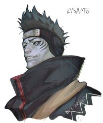  1boy akatsuki_uniform artist_name artistdkt blue_hair blue_skin character_name closed_eyes colored_skin forehead_protector highres hoshigaki_kisame kirigakure_symbol lips male_focus naruto_(series) nose sharp_teeth short_hair simple_background solo teeth upper_body white_background 