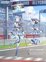  1girl arm_warmers armor artist_request asymmetrical_footwear asymmetrical_legwear audience black_arm_warmers black_el blue_bow blue_collar blue_eyes blue_fantasy_(miracle_nikki) blue_hair blue_shirt blue_shoes blue_sky blunt_bangs bow character_name checkered_thighhighs clouds collar copyright_name crop_top detached_collar dot_nose english_text fingerless_gloves flag floating_hair full_body gloves grey_skirt grey_thighhighs hair_bow happy headset high_heels holding holding_sign leg_up logo long_hair looking_ahead midriff miniskirt miracle_nikki mismatched_footwear mismatched_legwear navel nikki_(series) official_art one_eye_closed open_mouth pauldrons pleated_skirt racequeen racetrack shirt shoes shoulder_armor side_ponytail sign single_arm_warmer single_bare_shoulder single_fingerless_glove single_pauldron skirt sky smile solo standing stiletto_heels striped_bow teeth thigh-highs two-tone_shirt upper_teeth_only very_long_hair wavy_hair white_shirt white_shoes wind 