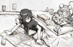  animal_ears black_hair bowl cup dowsing_rod food fruit houjuu_nue monochrome mouse mouse_ears mouse_tail mtmy multiple_girls nazrin newspaper orange ribbon short_hair tail touhou 