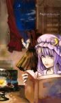  book bookshelf character_name crescent crescent_moon curtains dress hat head_wings highres holding holding_book koakuma kodatino long_hair moon multiple_girls open_book patchouli_knowledge purple_eyes purple_hair red_hair redhead the_embodiment_of_scarlet_devil touhou violet_eyes window 