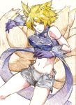  alternate_costume animal_ears bare_shoulders blonde_hair breasts collar colored_pencil_(medium) erect_nipples fox_ears fox_tail gloves midriff mtmy multiple_tails navel no_hat no_headwear shorts solo tail touhou traditional_media yakumo_ran yellow_eyes 