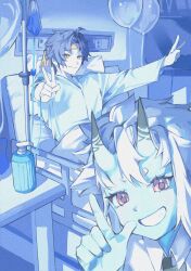  1boy 1girl asaba_harumasa balloon bed black_hair black_necktie blue_skin closed_mouth collared_shirt colored_skin commentary double_v eyelashes grin hair_between_eyes headband highres horns hospital hospital_bed hospital_gown intravenous_drip l_hand long_sleeves looking_at_viewer naengbi1008 necktie reclining shirt smile soukaku_(zenless_zone_zero) v white_hair white_shirt yellow_headband zenless_zone_zero 