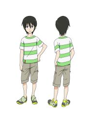  2boys anime_coloring back black_hair blue_eyes brown_shorts chikyuugai_shounen_shoujo child closed_mouth from_behind frown full_body green_shirt hair_between_eyes hand_on_own_hip hands_in_pockets highres looking_at_viewer multiple_boys multiple_views official_art sagami_touya shirt shoes short_hair short_sleeves shorts simple_background standing striped_clothes striped_shirt transparent_background yellow_shoes yoshida_ken&#039;ichi 