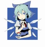  blue_eyes blue_hair bow cirno food hair_bow holding holding_spoon ice ice_cream ice_wings kahasina kawashina_(momen_silicon) solo spoon touhou wafer wafer_sticks wings 