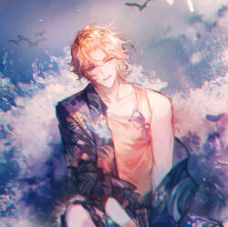  1boy ;d bangs_pinned_back bird blonde_hair blue_eyes blue_jacket blue_shorts chinese_commentary collarbone cowboy_shot day eyewear_hang floral_print hair_ornament hairclip jacket lars_rorschach looking_at_viewer lovebrush_chronicles male_focus official_alternate_costume one_eye_closed orange_tank_top outdoors print_jacket seagull short_hair shorts single_bare_shoulder single_off_shoulder sinko123 sitting smile solo straight-on sunglasses tank_top teeth three-quarter_sleeves unworn_eyewear upper_teeth_only waves 