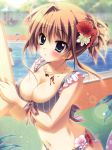  :o absurdres ahoge arm_grab bikini blue_eyes blurry blush breasts brown_hair character_request cleavage collarbone copyright_request depth_of_field flower frilled_bikini frills front-tie_top hair_bun hair_flower hair_ornament highres izumi_tsubasu jewelry kimi_to_issho_ni large_breasts lens_flare looking_at_viewer mashiroiro_symphony midriff nakajima_mizuho navel necklace sena_airi shiny shiny_skin source_request striped striped_bikini striped_swimsuit swimsuit water 