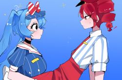  2girls aqua_hair black_choker black_eyes blue_background blue_dress blue_hat blush bow choker collared_shirt dress drill_hair gradient_background hat hat_bow hatsune_miku highres hoshoidk kasane_teto long_hair meme mesmerizer_(vocaloid) multiple_girls necktie pants pinstripe_dress pinstripe_hat pinstripe_pattern profile puffy_short_sleeves puffy_sleeves red_eyes red_hair red_hat red_necktie red_pants shirt shirt_tucked_in short_sleeves sparkle striped_bow striped_clothes striped_shirt sweatdrop the_tiktok_incident_(meme) twin_drills twintails utau visor_cap vocaloid 