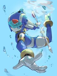  1girl absurdres air_bubble armor blue_armor blue_eyes blue_helmet bubble fairy_leviathan_(mega_man) fins forehead_jewel full_body head_fins helmet highres holding holding_polearm holding_weapon mega_man_(series) mega_man_zero_(series) omochi_(mochi_skymega) polearm solo spear underwater weapon 