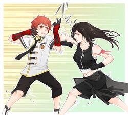  1boy 1girl bare_shoulders battle black_hair character_request copyright_request crossover eight_(fft-0) fighting final_fantasy final_fantasy_type-0 final_fantasy_vii final_fantasy_vii_advent_children gloves martial_arts midriff navel necktie red_eyes red_hair redhead ribbon school_uniform shinzui_(fantasysky7) shorts tifa_lockhart 