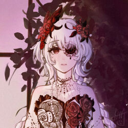  1girl aethermylove bare_shoulders bead_necklace beads black_choker braid brooch bush butterfly_earrings chinese_commentary choker closed_mouth commentary_request dress earrings empty_eyes expressionless eyelashes eyepatch facial_tattoo film_grain floral_print flower flower_brooch frilled_dress frills hair_flower hair_ornament infinity_nikki jewelry lace lace_choker light_frown lips long_hair low_twin_braids necklace nikki_(series) outdoors pink_lips red_eyes red_flower red_rose rose solo strapless strapless_dress stylist_(nikki) sunset tattoo teardrop_tattoo twin_braids upper_body very_long_hair white_dress white_hair window 