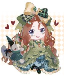  1girl absurdres argyle_background argyle_bow argyle_clothes argyle_dress black_pantyhose black_shoes blue_eyes border bow bow_legwear bowtie brown_hair chibi crimson_rhapsody_(infinity_nikki) dress esseling_(infinity_nikki) eyelashes facepaint felispirit_sack_(infinity_nikki) footwear_bow frilled_dress frilled_wrist_cuffs frills gloves gown green_bow green_bowtie green_dress green_gloves green_ribbon green_wrist_cuffs hair_between_eyes hair_bow hair_ribbon happy heart highres hime_lolita holding_hands infinity_nikki large_bow light_blush lolita_fashion long_hair looking_at_creature multiple_hair_bows nikki_(series) official_alternate_color open_mouth outside_border pantyhose puffy_short_sleeves puffy_sleeves ribbon shoes short_sleeves skirt_hold smile solo teeth two-tone_background two-tone_bow two-tone_bowtie two-tone_ribbon upper_teeth_only very_long_hair wavy_hair white_background white_border white_bow white_bowtie white_pantyhose wrist_cuffs yellow_background yellow_bow yellow_ribbon yutoutoutoutoutou 