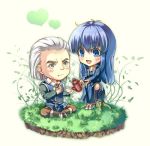  1girl :t aisagi blue_eyes blue_hair boots chibi coat couple cup dinosaur_(game) eating elis_(dinosaur) falcom faux_figurine grass kettle long_hair lowres pants sitting smile tea teacup wazz_(dinosaur) white_hair 