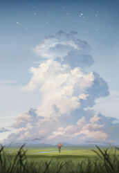  1boy absurdres bird black_pants blue_sky chinese_commentary cloud_focus clouds cumulonimbus_cloud day from_behind full_body grass hanxiaodan highres jacket mountainous_horizon orange_jacket original outdoors pants plain river scenery sky solo walking wide_shot 