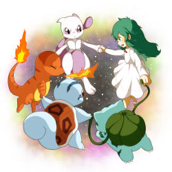  1girl :o ambertwo_(pokemon) blush breath_weapon breathing_fire brown_eyes bud bulbasaur bulbasaurtwo charmander charmandertwo closed_eyes closed_mouth commentary_request dress fire flame-tipped_tail go-mikihappy green_eyes green_hair highres holding_hands mewtwo open_mouth plant pokemon pokemon:_the_first_movie_-_mewtwo_strikes_back pokemon_(anime) pokemon_(classic_anime) pokemon_(creature) smile squirtle squirtletwo starter_pokemon_trio tail vines violet_eyes white_dress 
