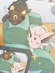  animal_focus black_fur blush closed_eyes closed_mouth couch electric_fan espeon forehead_jewel full_body gem hp7car7nxrq5s7q indoors lying no_humans on_stomach pokemon pokemon_(creature) pokemon_focus purple_fur red_gemstone ribbon sleeping smile star_(symbol) sylveon tail taking_picture umbreon 