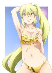  armpits bikini blonde_hair lens_flare shiruko_shiru side_ponytail solo swimsuit tongue tongue_out vocaloid yellow_eyes 