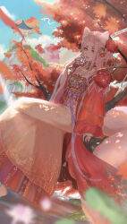  1girl absurdres animal_ear_fluff animal_ears animal_print autumn barefoot barefoot_sandals_(jewelry) bell blue_eyes bow butterfly_print choker commentary_request crossed_legs dappled_sunlight day double_bun dragon eastern_dragon fake_nails fingernails floral_print flower forever_bond_(infinity_nikki) fox_ears fox_girl fox_tail full_body gold_choker hair_bun hair_flower hair_ornament hand_on_own_cheek hand_on_own_face heterochromia highres infinity_nikki jewelry kohanai_setsuna lipstick long_hair long_sleeves lotus makeup mountain neck_bell necklace nikki_(series) open_mouth orange_hanfu outdoors pavilion pink_hair purple_bow red_flower red_lips red_robe robe sharp_fingernails sidelocks sitting sleeves_past_wrists solo sunlight tail teeth tree very_long_hair waist_bow white_loong_(infinity_nikki) wide_sleeves yellow_eyes 