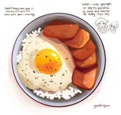  absurdres artist_self-insert bowl chibi chibi_inset english_text fried_egg from_above highres himochuu no_humans original painterly rice spam_(food) 